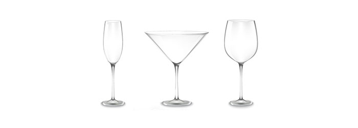 Champagne flute, martini glass, and wine glass